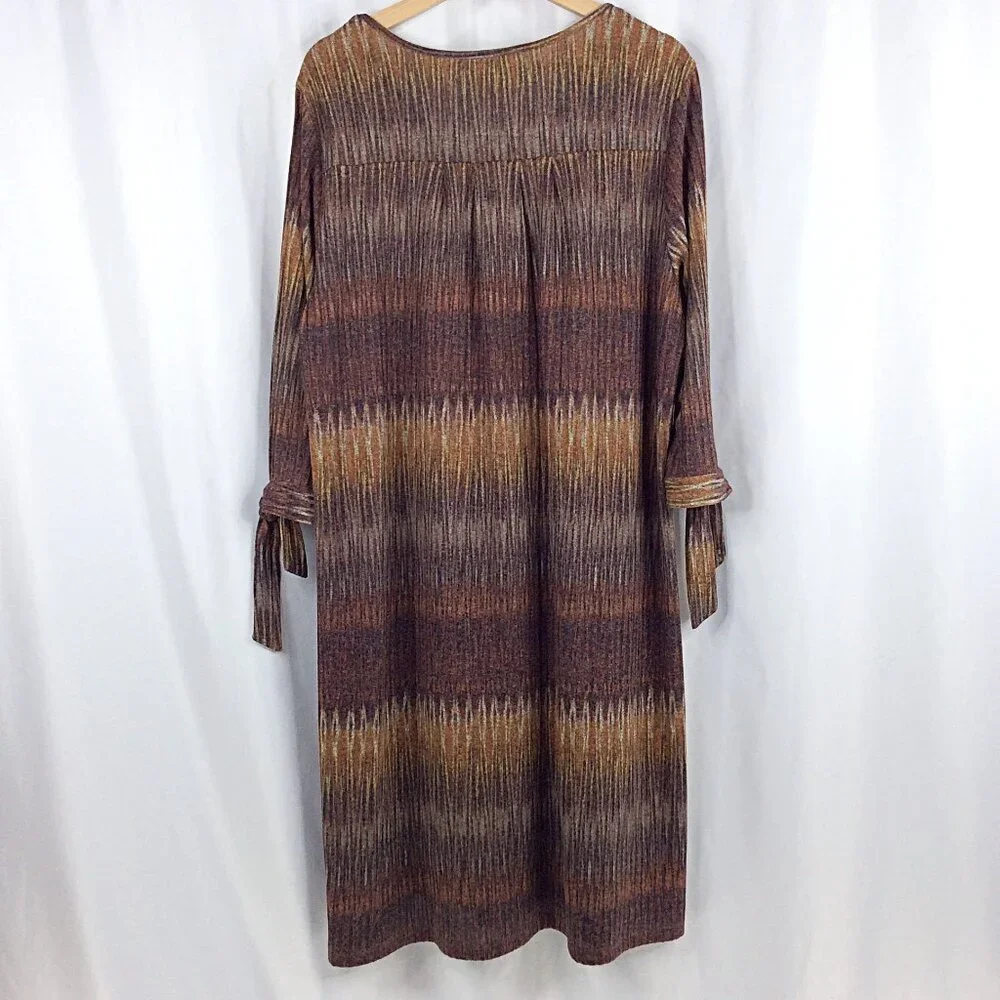 CJ Banks Women's Plus Size 1X Midi Dress Brown Shift Pencil Tie Sleeve Boho